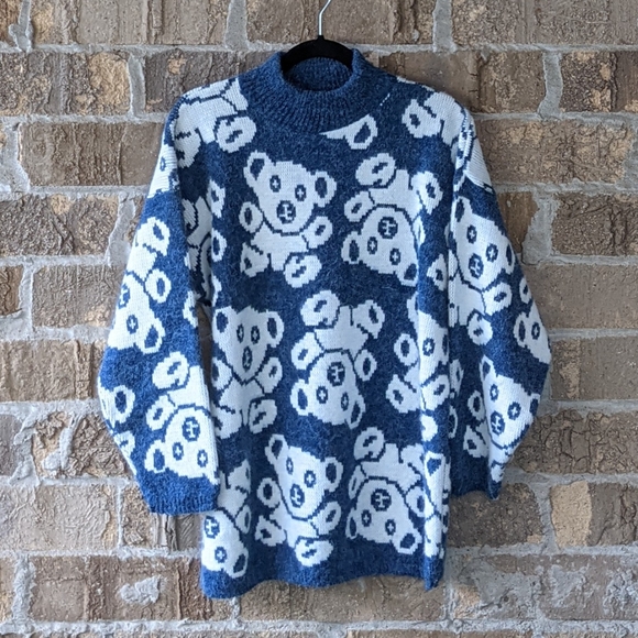 Vintage Sweaters - Vintage 80s Oversized Knit Sweater Teddy Bear Blue